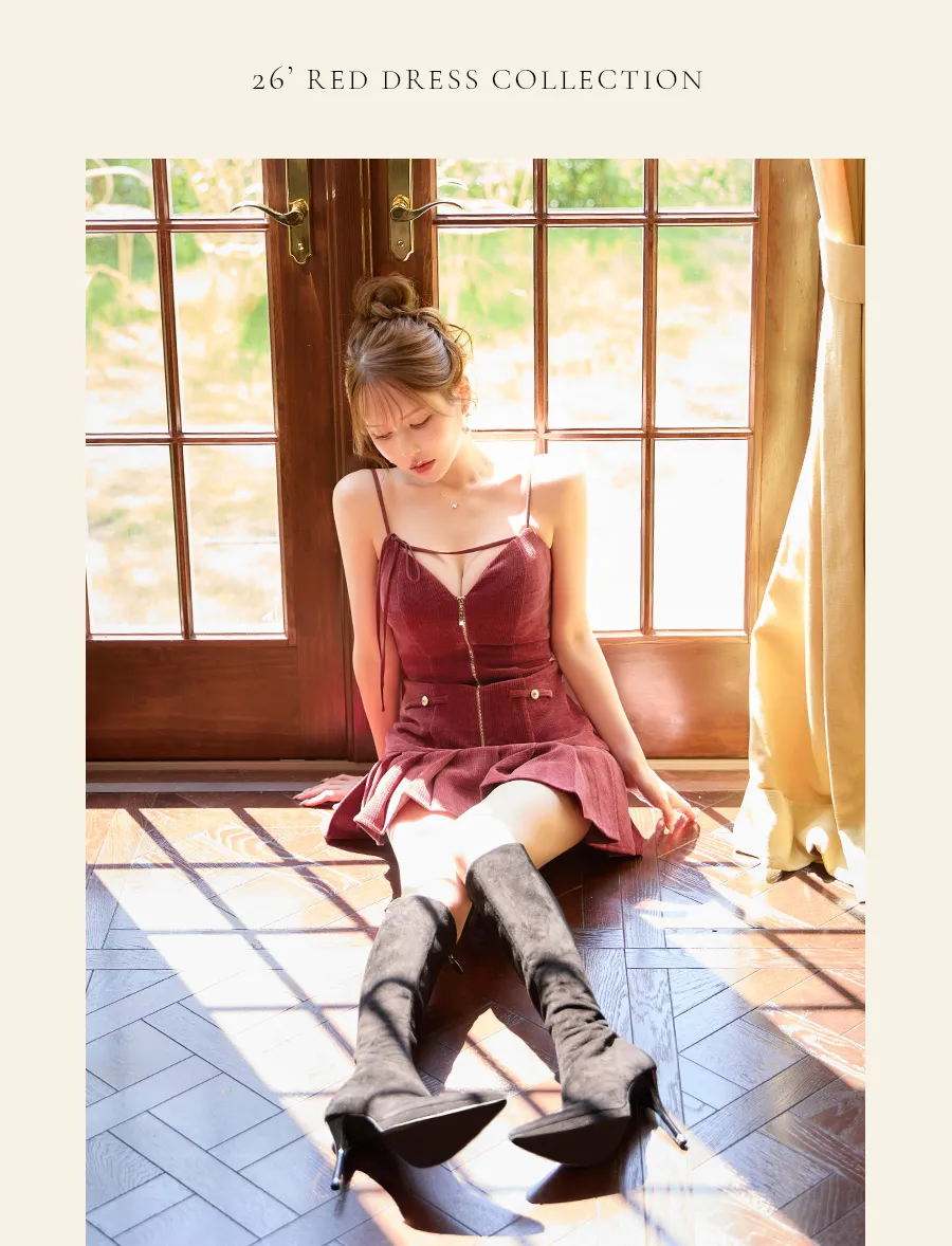 ROBE de FLEURS by Glossy Vネックフィット&フレアミニドレス レッド 着用イメージ
