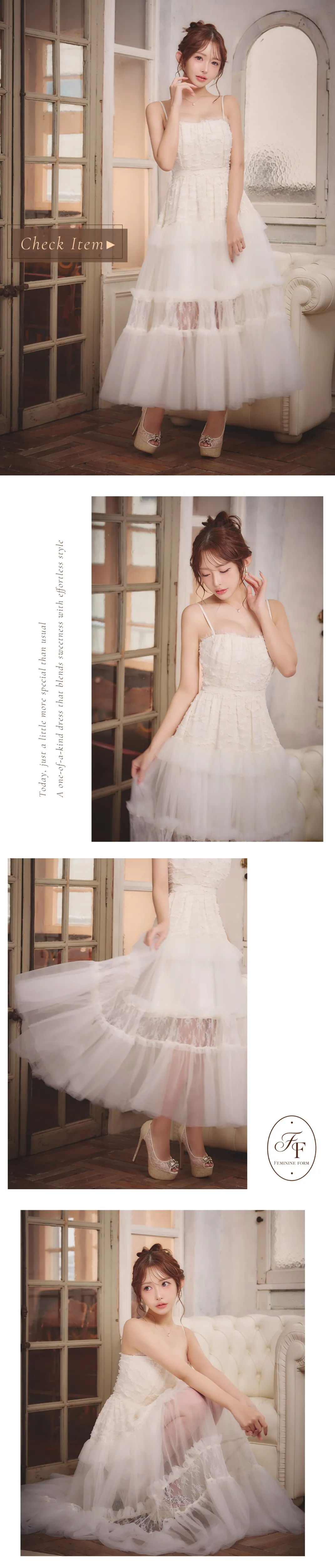 【ROBE de FLEURS】パール付きレース チュール ティアードワンピース ディテール