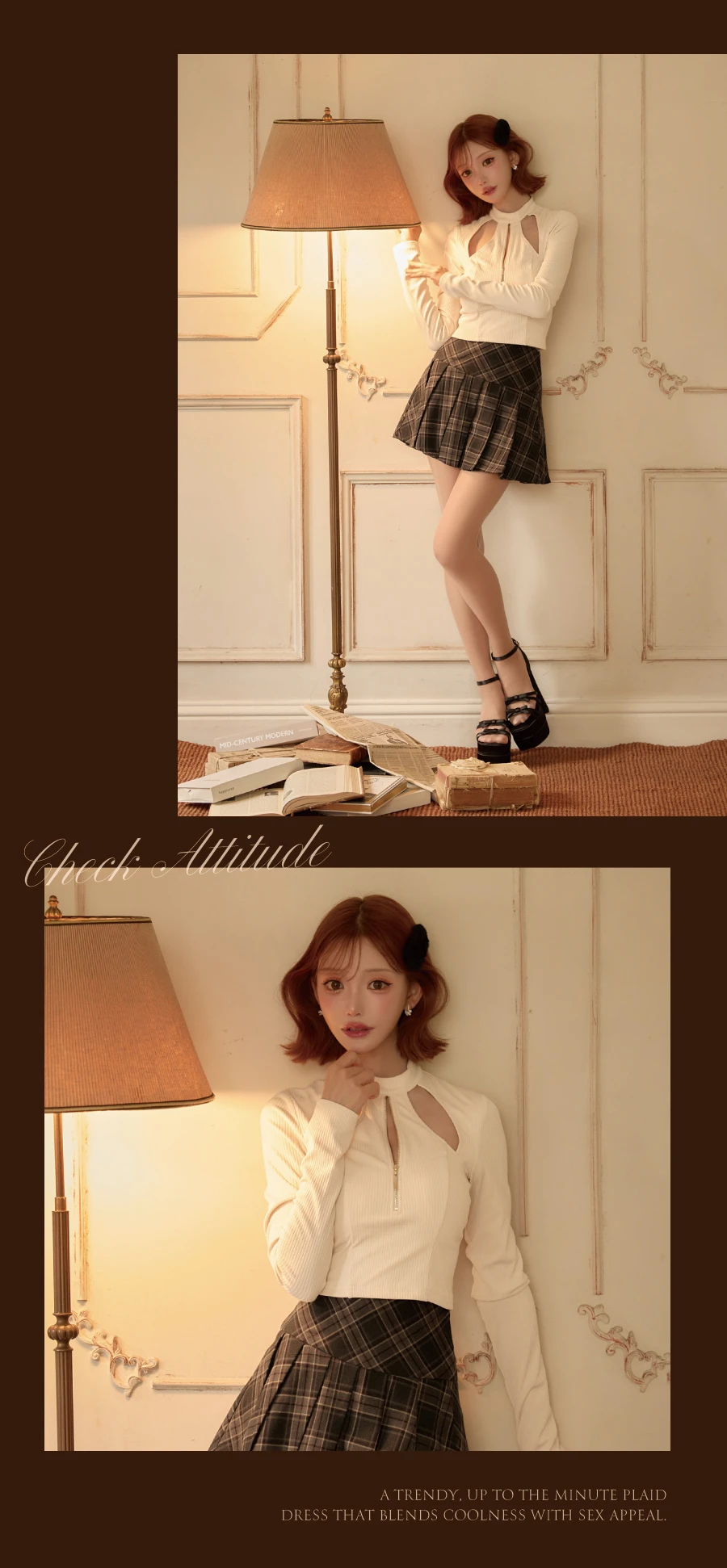 【Glossy/グロッシー】カットリブニットバストジップチェックセットアップ 2