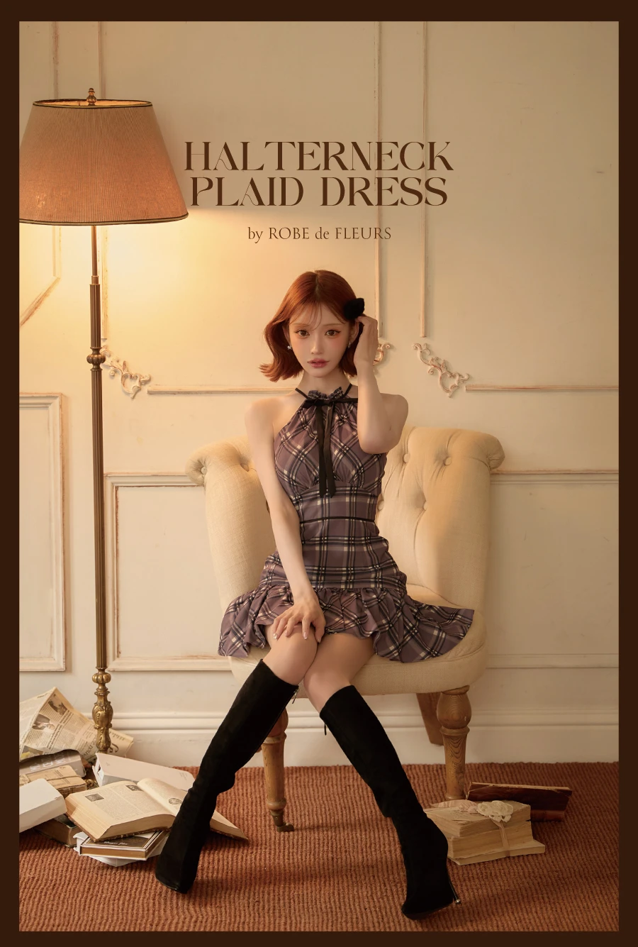 【ROBE de FLEURS/ローブドフルール】チェックシフォンホルターネックリボンミニドレス 1