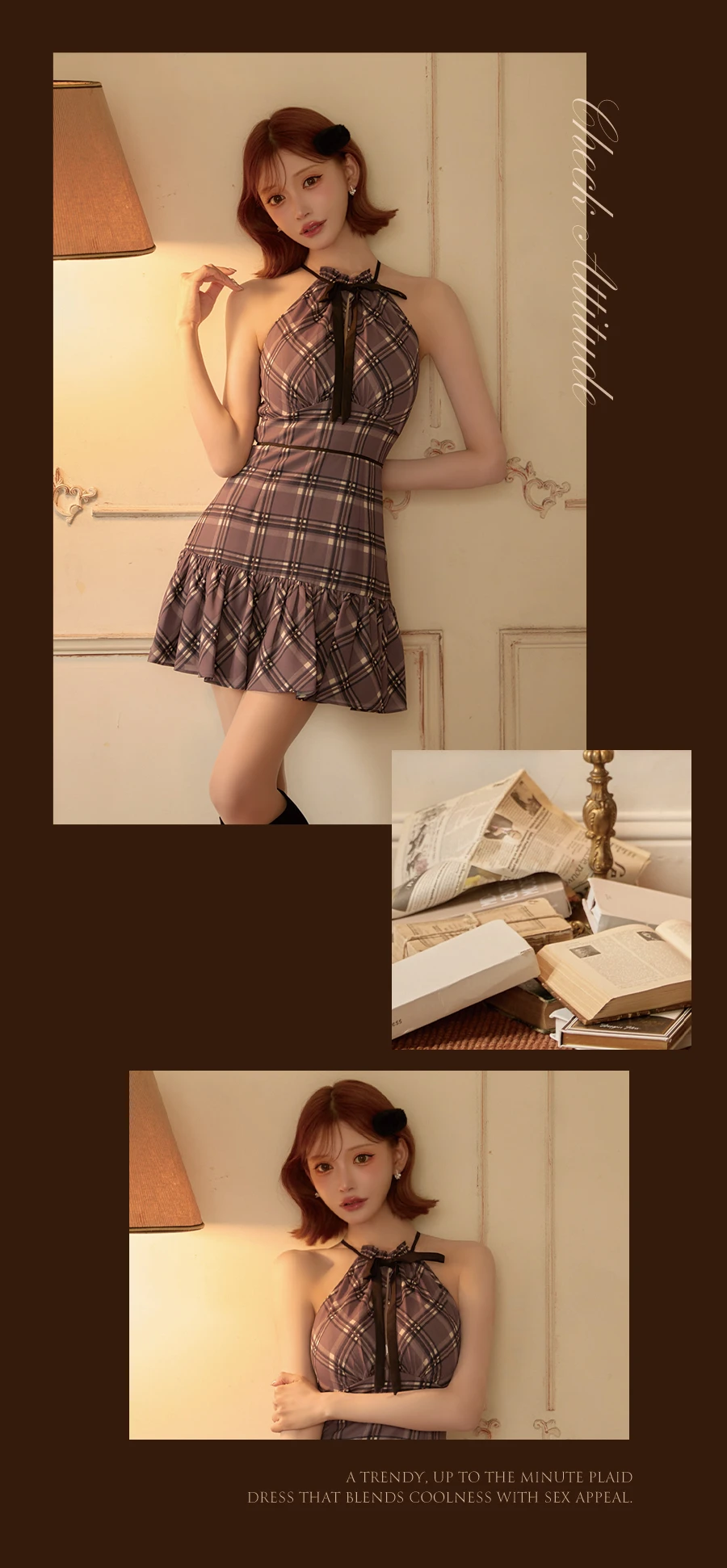 【ROBE de FLEURS/ローブドフルール】チェックシフォンホルターネックリボンミニドレス 2