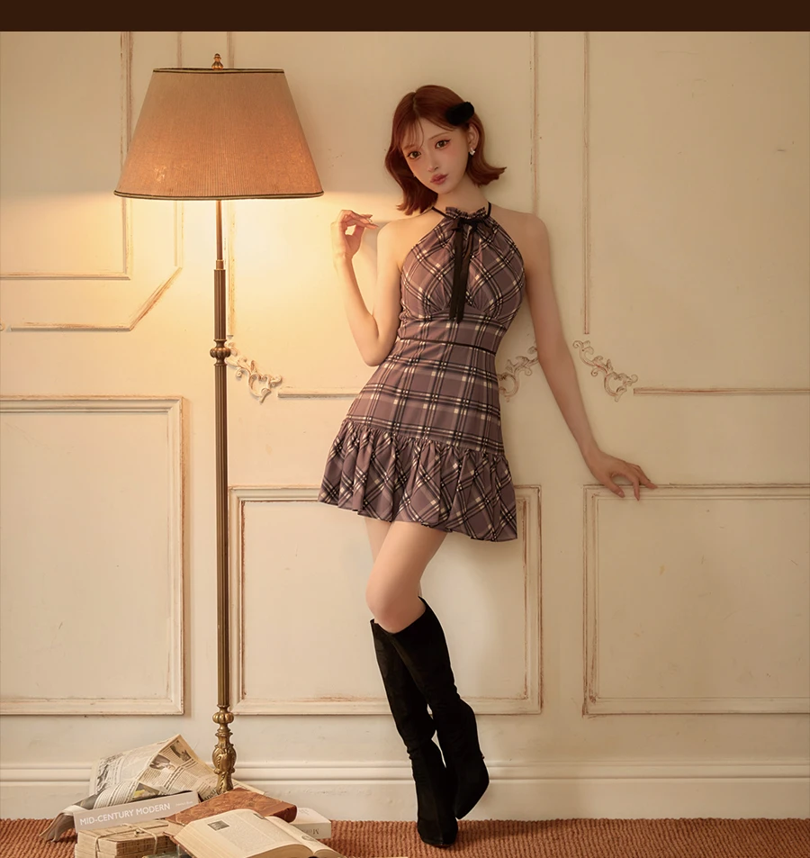 【ROBE de FLEURS/ローブドフルール】チェックシフォンホルターネックリボンミニドレス 3