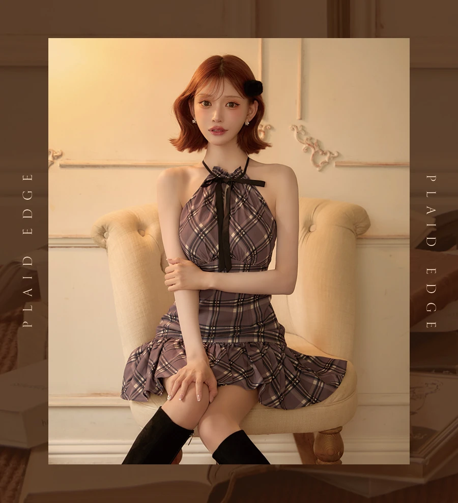 【ROBE de FLEURS/ローブドフルール】チェックシフォンホルターネックリボンミニドレス 4