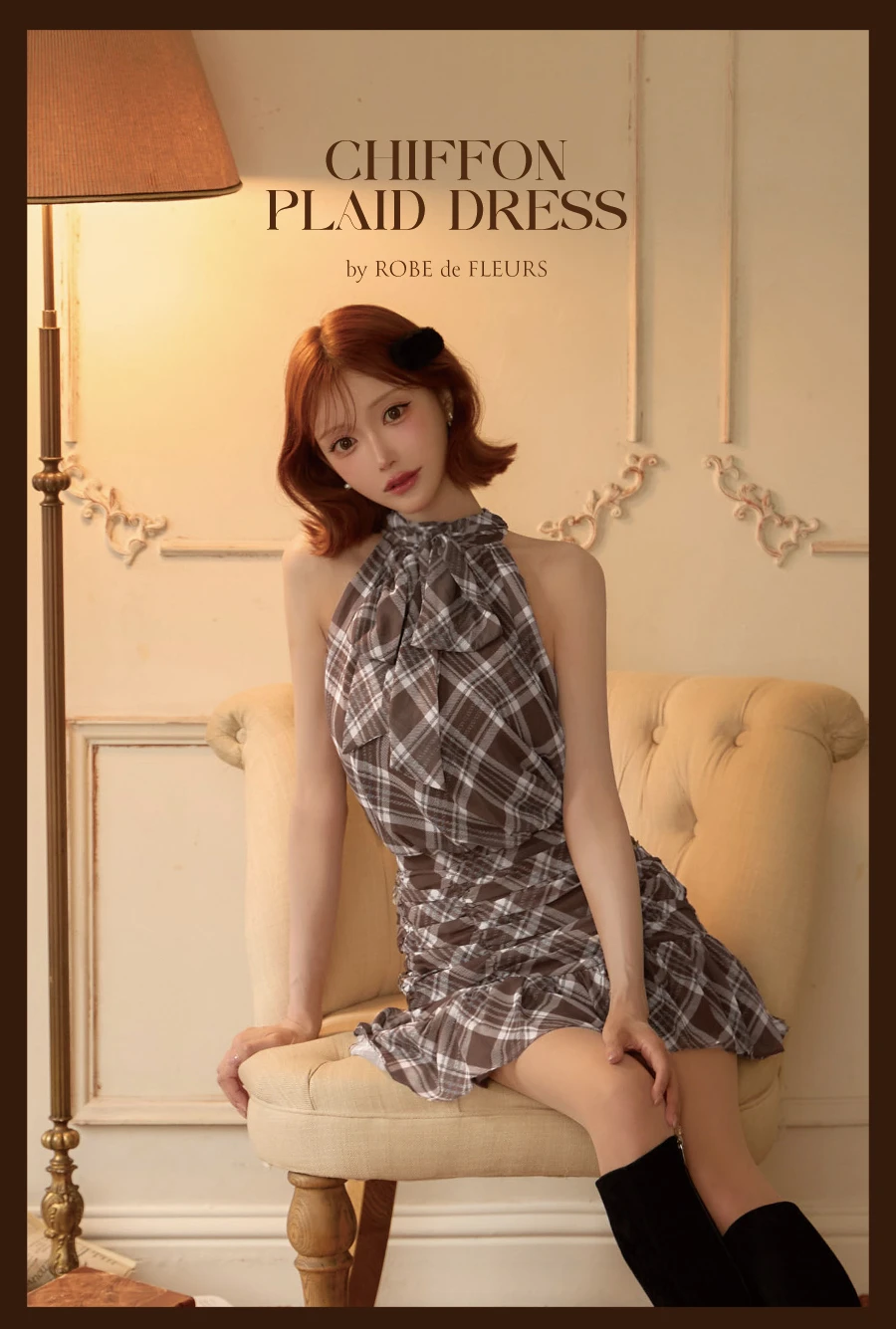 【ROBE de FLEURS/ローブドフルール】チェック柄シフォンサテンフリルセットアップ 1