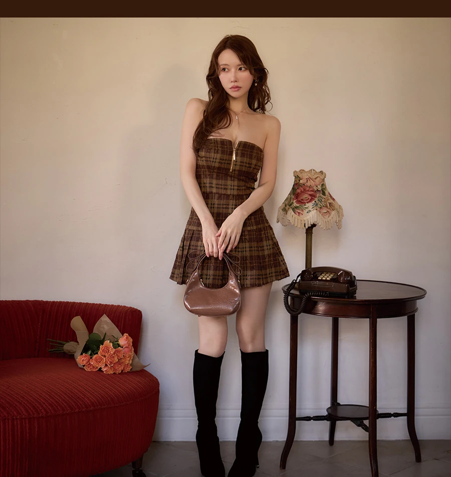 【Glossy/グロッシー】ギャザーシフォンチェックタイトミニドレス 3