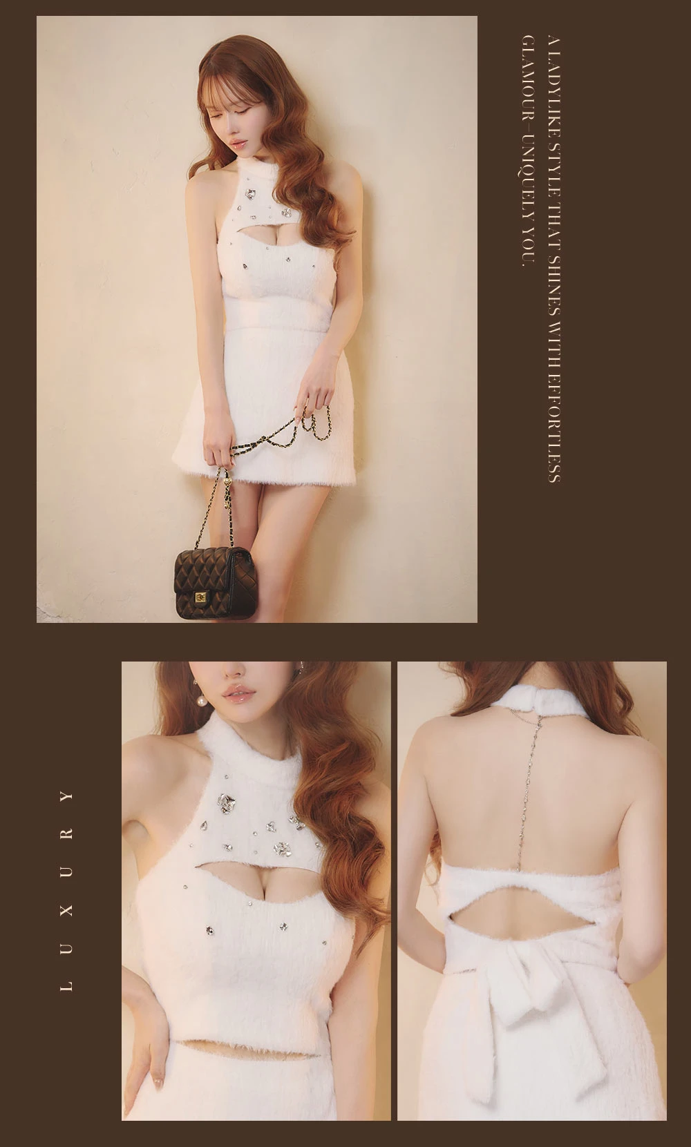 【Glossy/グロッシー】ビジューシャギーニットホルターネックバックリボンミニドレス 2