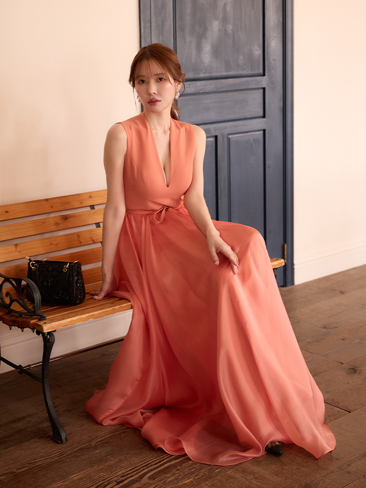 LKS26198 Orange シフォン Vネック ロングワンピース メイン