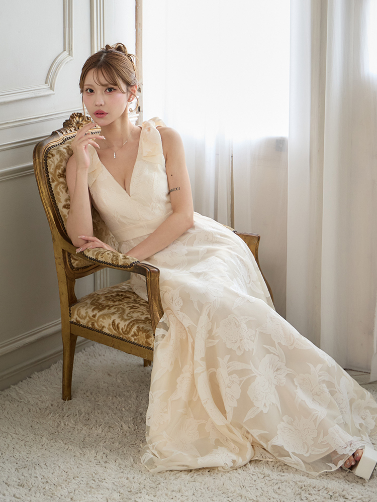 LKS38158 Ivory レース リボンショルダー ロングワンピース メイン