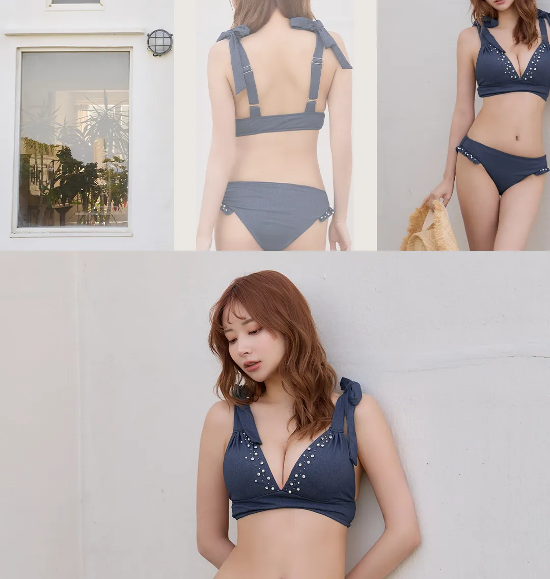 【ビキニ】【水着】ショルダーリボンスタッズフリルビキニ 2点セット3