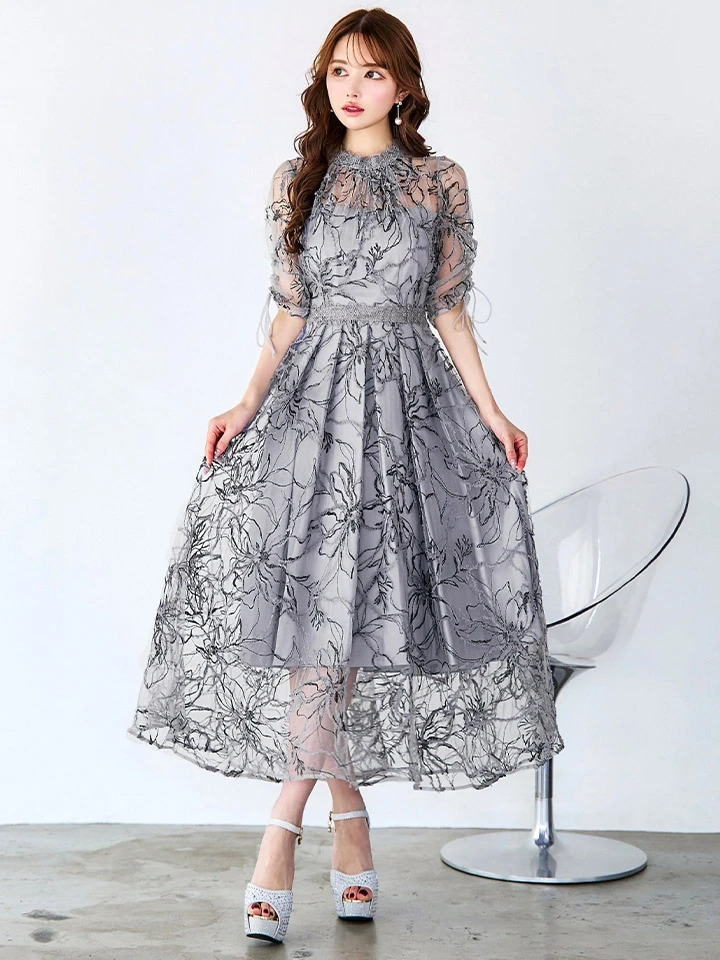 【AMORA GRACE / アモーラグレース】 オケージョンドレス/ パーティードレス/ お呼ばれドレス/ 総レース/ ハイネック/ 半袖/ 袖あり/ フレア/ Aライン/ ミモレ丈/ ワンピース/ キャバドレス4