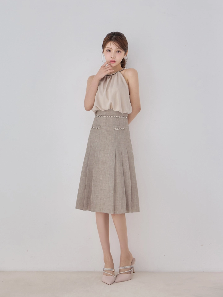 【Veautt/ヴュート】【OF05】ホルターネック/ チェーン/ サテン/ プリーツ/ バイカラー/ フレア/ ミディアムドレス/ キャバドレス1