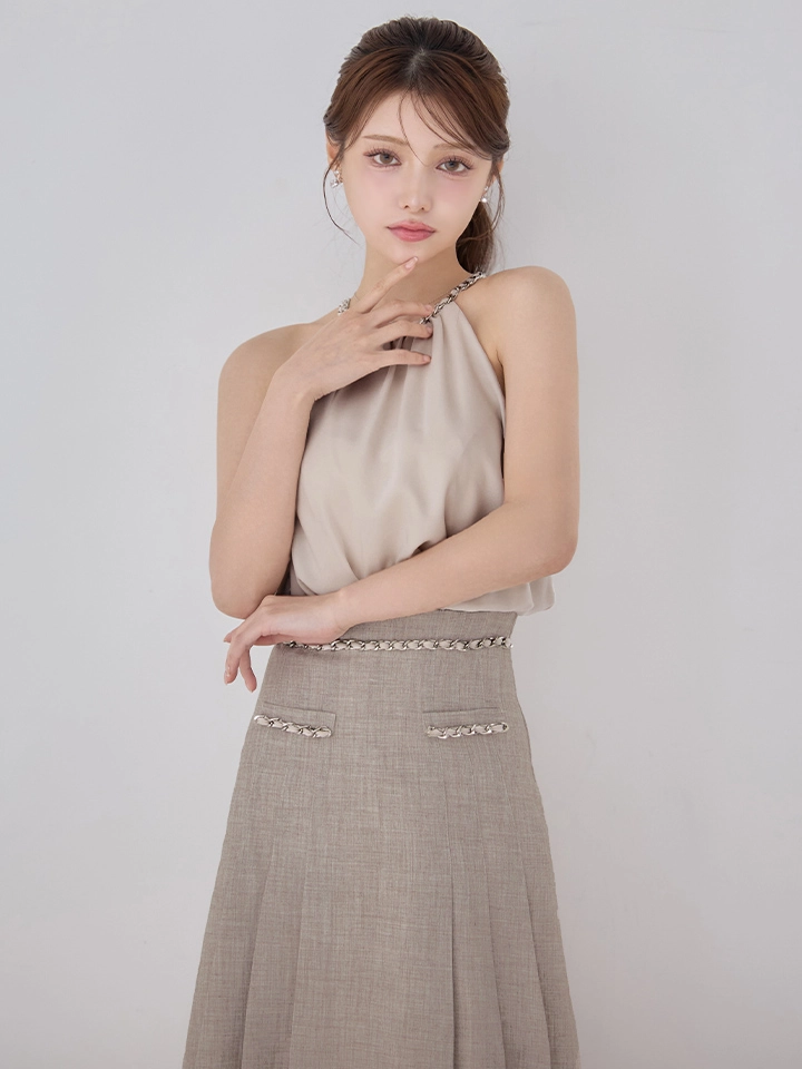 【Veautt/ヴュート】【OF05】ホルターネック/ チェーン/ サテン/ プリーツ/ バイカラー/ フレア/ ミディアムドレス/ キャバドレス2