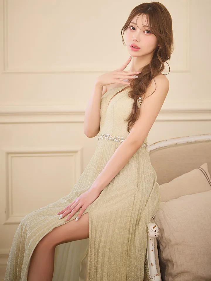 【IRMA/イルマ】ビジュー/ ワンカラー/ ラメニット/ Aライン/ フレア/ プリーツ/ ロングドレス/ キャバドレス long2