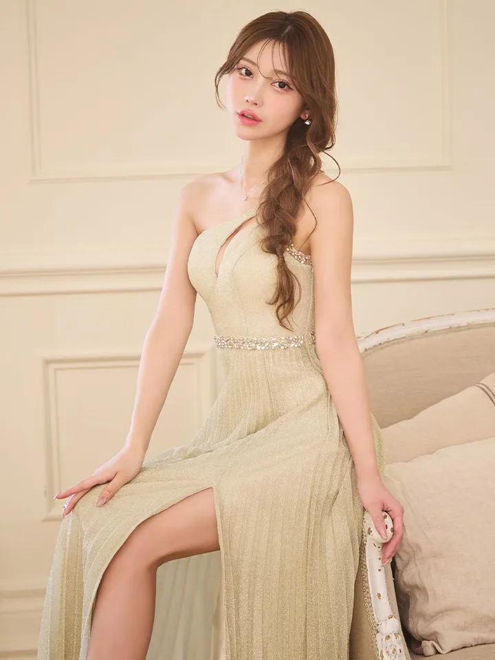 【IRMA/イルマ】ビジュー/ ワンカラー/ ラメニット/ Aライン/ フレア/ プリーツ/ ロングドレス/ キャバドレス long4