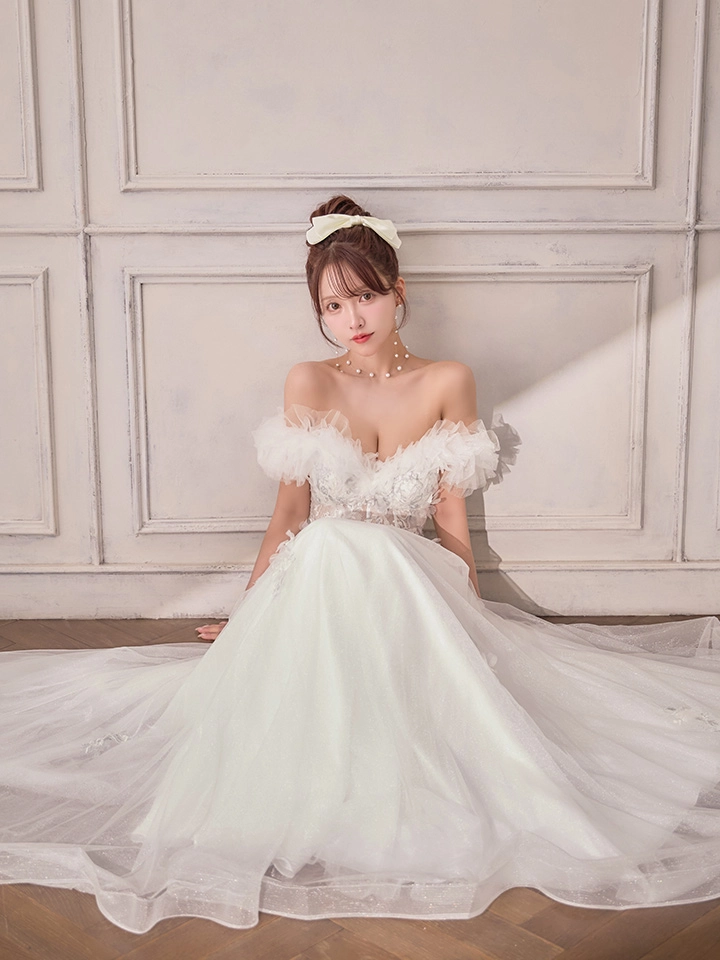 JEAN MACLEAN/ジャンマクレーン】フリルオフショル/ 立体フラワー/ チュール/ Aライン/ フレア/ プリンセス/ ロングドレス/ キャバドレス long3