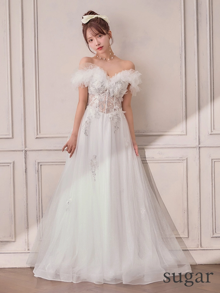 JEAN MACLEAN/ジャンマクレーン】フリルオフショル/ 立体フラワー/ チュール/ Aライン/ フレア/ プリンセス/ ロングドレス/ キャバドレス long5