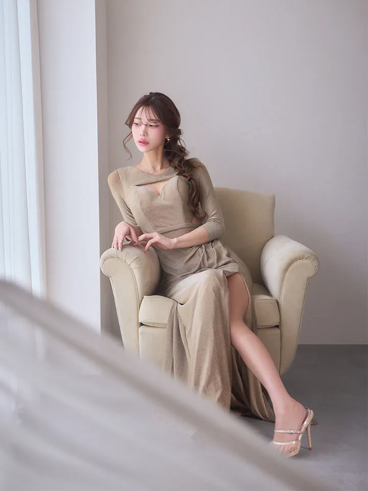 【JEAN MACLEAN/ジャンマクレーン】ウエストカット/ バストカット/ スリット/ ラメニット/ タイト/ ロングドレス/ キャバドレス 1