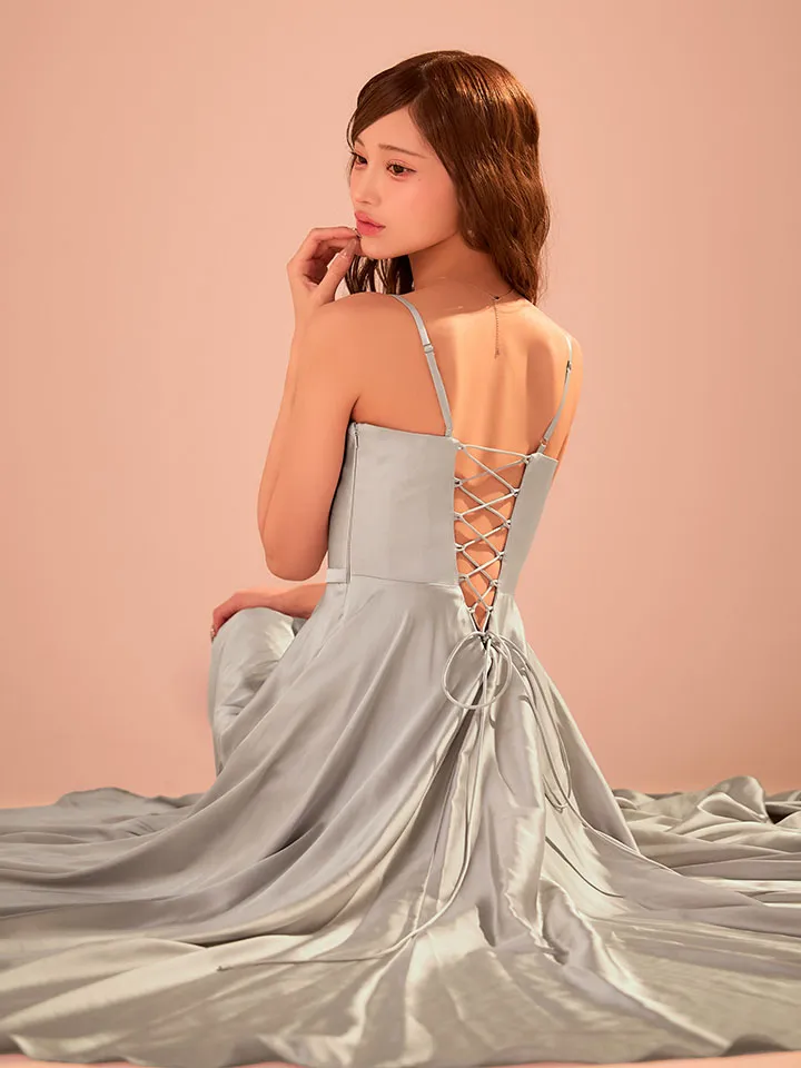 【JEAN MACLEAN/ジャンマクレーン】サテン/ バストジップ/ ギャザー/ キャミソール/ Aライン/ フレア/ ワンピース/ ロングドレス/ キャバドレス1