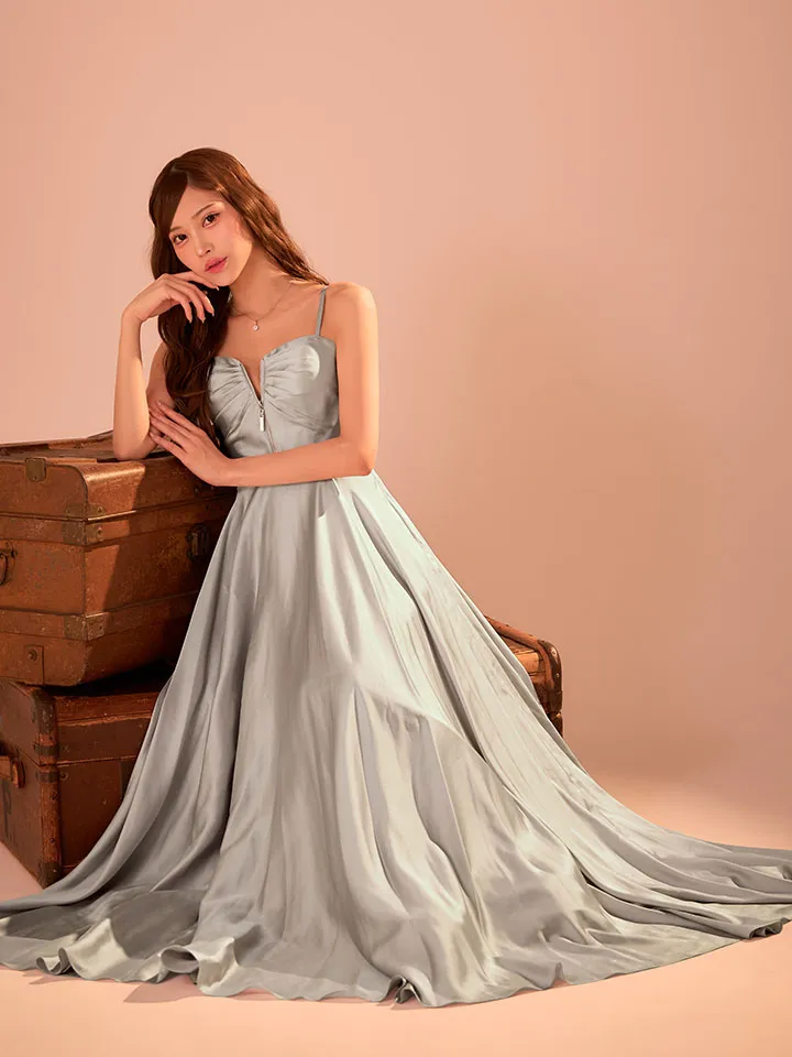 【JEAN MACLEAN/ジャンマクレーン】サテン/ バストジップ/ ギャザー/ キャミソール/ Aライン/ フレア/ ワンピース/ ロングドレス/ キャバドレス3