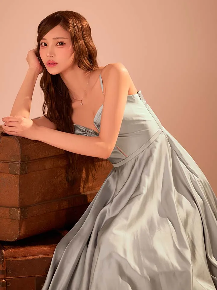 【JEAN MACLEAN/ジャンマクレーン】サテン/ バストジップ/ ギャザー/ キャミソール/ Aライン/ フレア/ ワンピース/ ロングドレス/ キャバドレス5