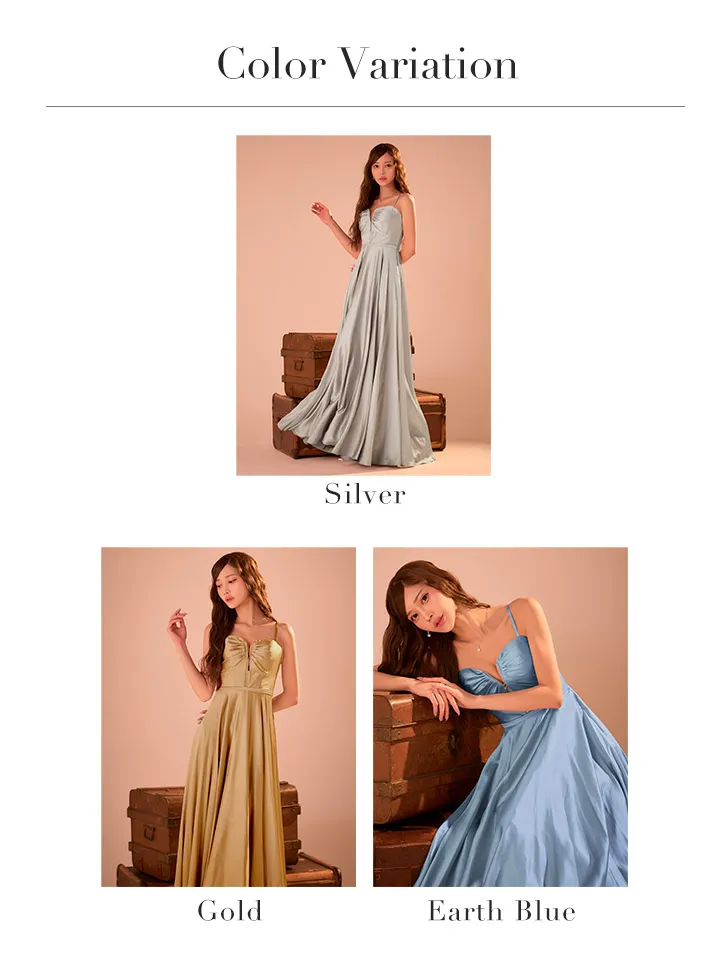 【JEAN MACLEAN/ジャンマクレーン】サテン/ バストジップ/ ギャザー/ キャミソール/ Aライン/ フレア/ ワンピース/ ロングドレス/ キャバドレスバリエーション