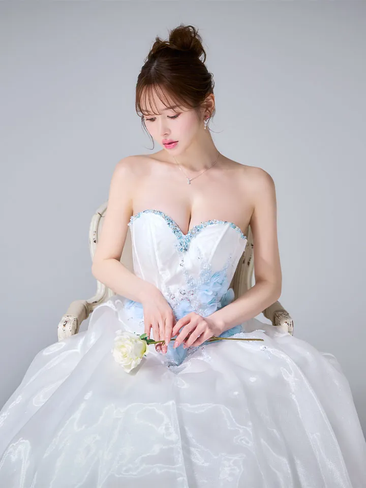 【JEAN MACLEAN/ジャンマクレーン】ビーズ刺繍/ ビジュー/ スパンコール/ 立体フラワー/ チュール/ ベアトップ/ フレア/ Aライン/ プリンセス/ ロングドレス/ キャバドレス long1