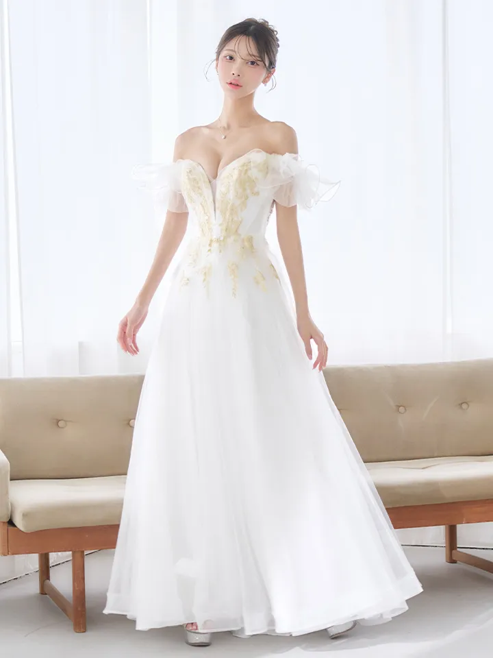 【JEAN MACLEAN/ジャンマクレーン】ボリュームフリルスリーブ/ オフショル/ シアー/ フラワー刺繍/ チュール/ フレア/ Aライン/ プリンセス/ ロングドレス/ キャバドレス long4