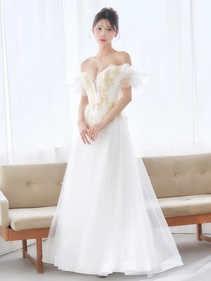 【JEAN MACLEAN/ジャンマクレーン】ボリュームフリルスリーブ/ オフショル/ シアー/ フラワー刺繍/ チュール/ フレア/ Aライン/ プリンセス/ ロングドレス/ キャバドレス long5