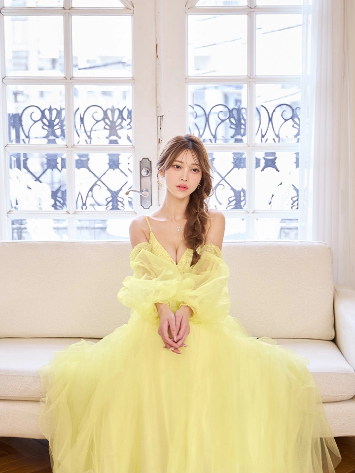 【JEAN MACLEAN/ジャンマクレーン】2way/ 袖あり/ パフスリーブ付き/ キャミソール/ ビーズ刺繍/ チュール/ Aライン/ フレア/ プリンセス/ ロングドレス/ キャバドレス long1