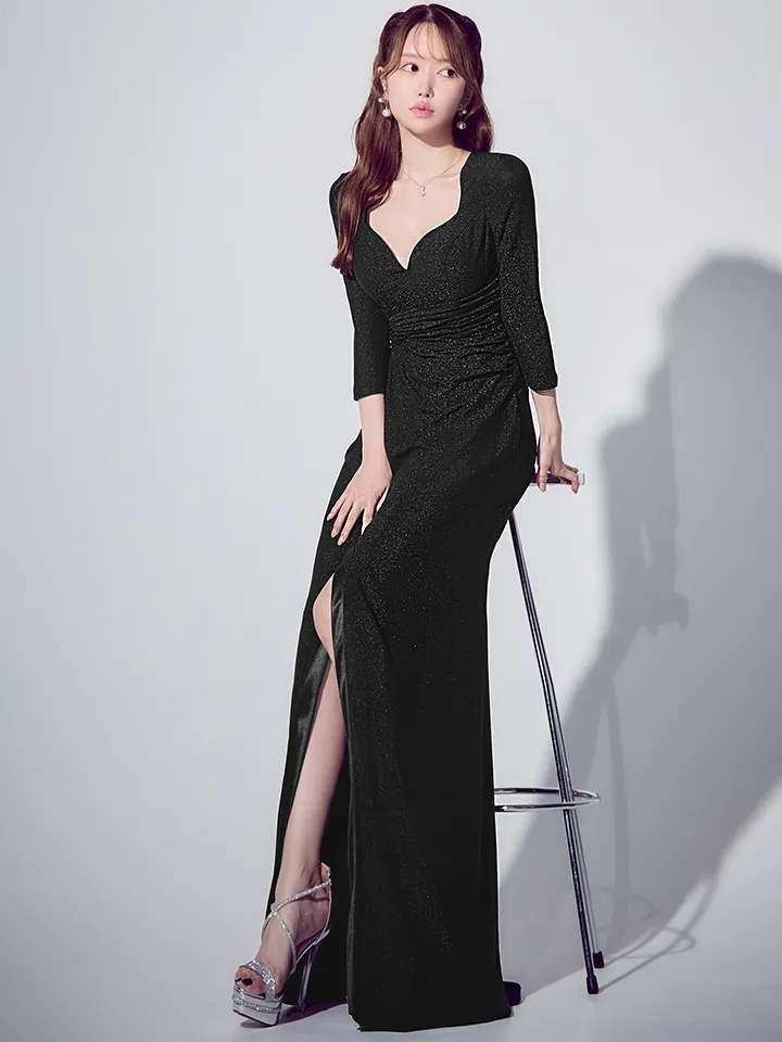 【JEAN MACLEAN/ジャンマクレーン】袖あり/ ラメニット/ ラップデザイン/ ストレッチ/ スリット/ ロングドレス/ キャバドレス1
