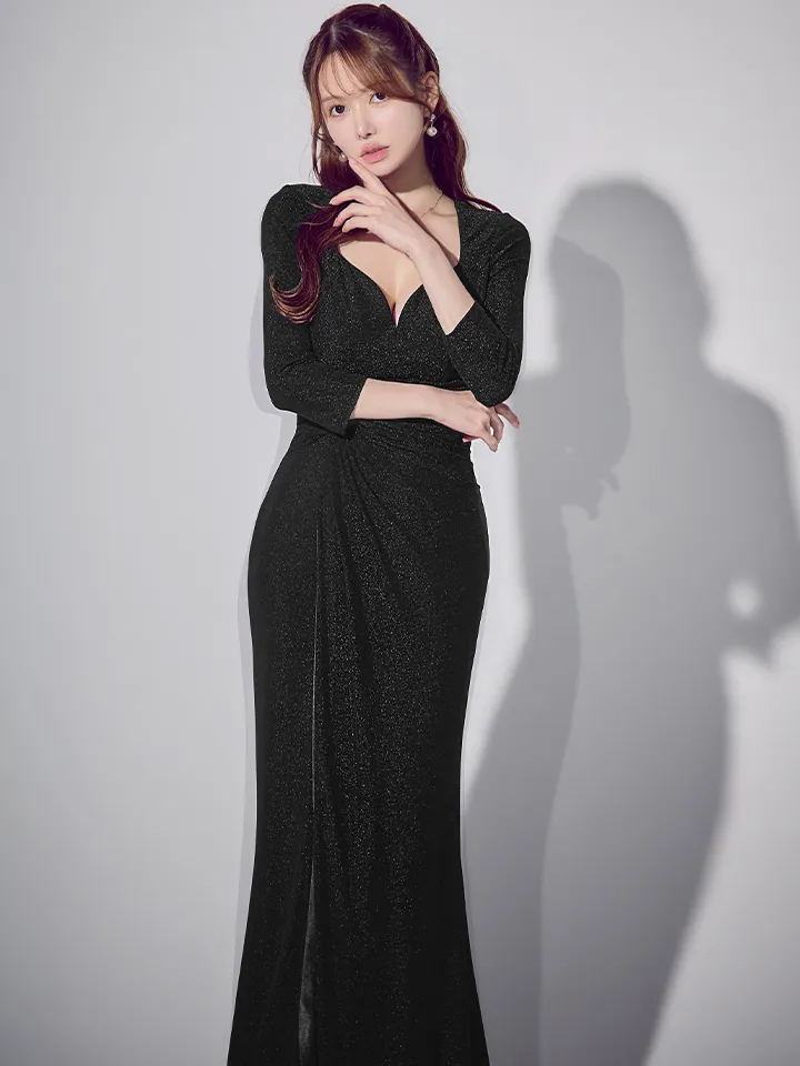 【JEAN MACLEAN/ジャンマクレーン】袖あり/ ラメニット/ ラップデザイン/ ストレッチ/ スリット/ ロングドレス/ キャバドレス4