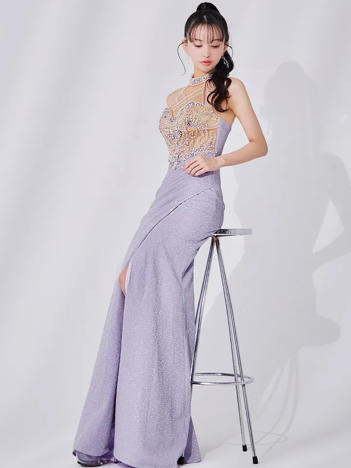 【IRMA/イルマ】ビジュー/ シースルー/ ホルターネック/ ラメニット/ ストレッチ/ ロングドレス/ キャバドレス long