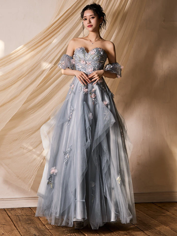 【JEAN MACLEAN/ジャンマクレーン】チュール/ ベア/ オフショル/ フラワー刺繍/ フレア/ パフスリーブ/ プリンセス/ ロングドレス/ キャバドレス long1