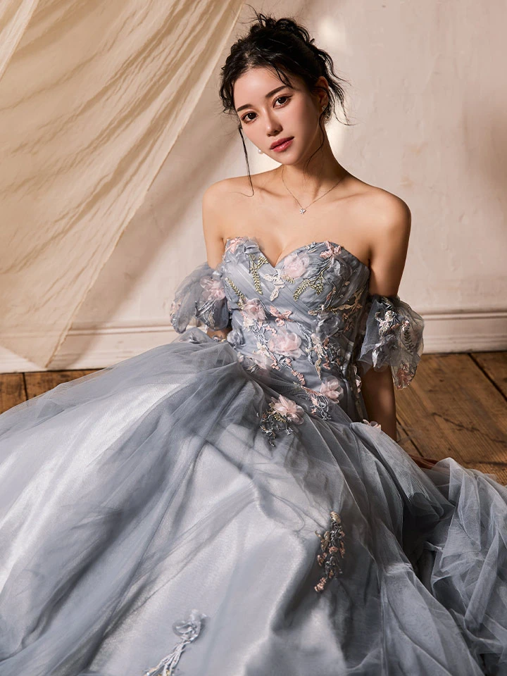 商品名の「【JEAN MACLEAN/ジャンマクレーン】チュール/ ベア/ オフショル/ フラワー刺繍/ フレア/ パフスリーブ/ プリンセス/ ロングドレス/ キャバドレス long3