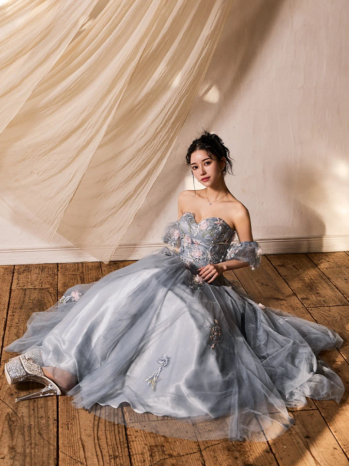 商品名の「【JEAN MACLEAN/ジャンマクレーン】チュール/ ベア/ オフショル/ フラワー刺繍/ フレア/ パフスリーブ/ プリンセス/ ロングドレス/ キャバドレス long4