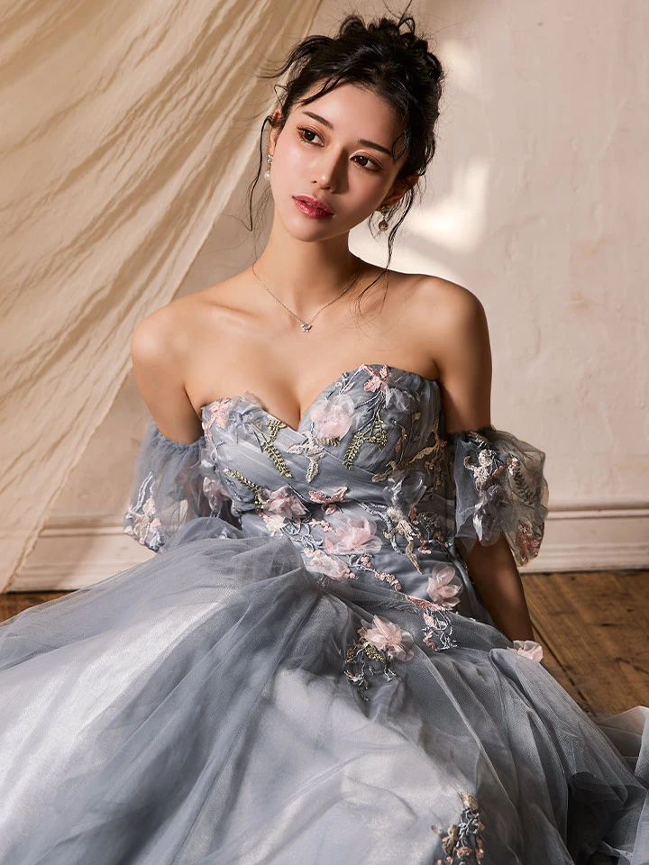 商品名の「【JEAN MACLEAN/ジャンマクレーン】チュール/ ベア/ オフショル/ フラワー刺繍/ フレア/ パフスリーブ/ プリンセス/ ロングドレス/ キャバドレス long5