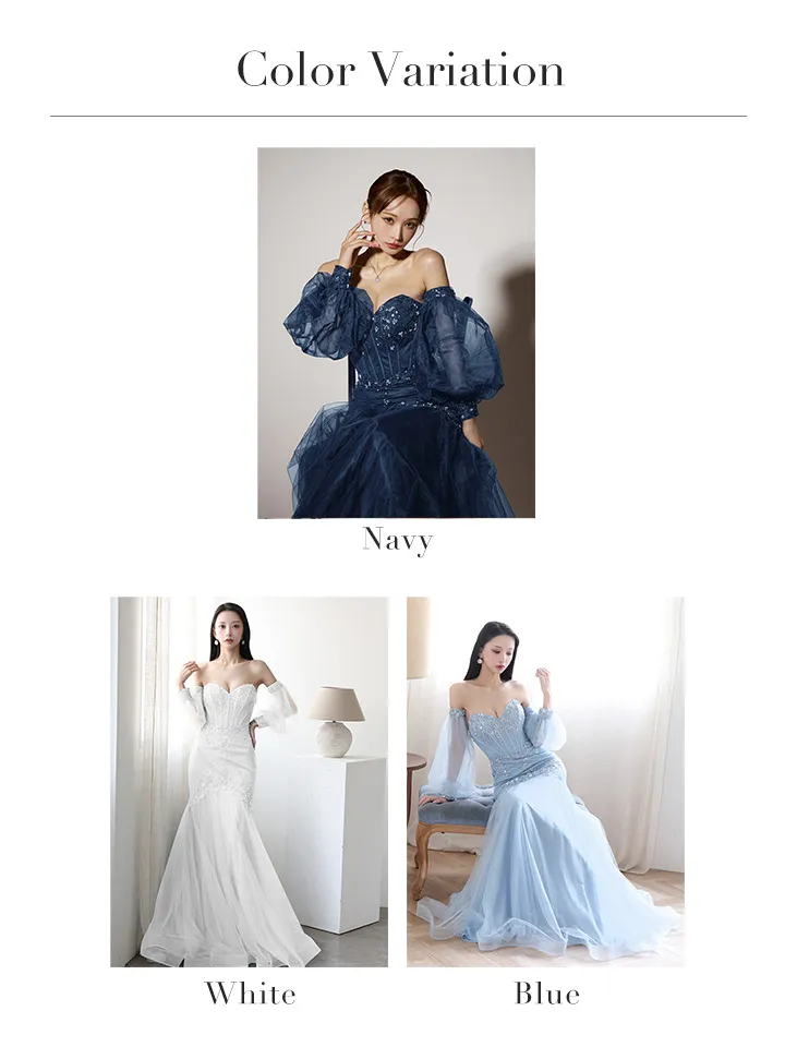 【JEAN MACLEAN/ジャンマクレーン】2way/ 袖付き/ パフスリーブ/ オフショル/ ベア/ スパンコール刺繍/ チュール/ マーメイド/ ロングドレス/ キャバドレスカラバリ