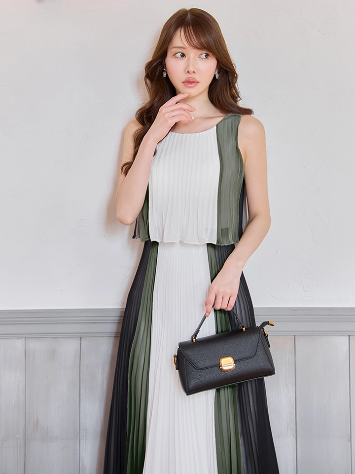 【JEAN MACLEAN/ジャンマクレーン】シフォン/ メロウ/ プリーツ/ マルチカラー/ ノースリーブ/ フレア/ ワンピース/ ロングドレス/ キャバドレス1