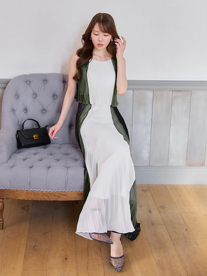 【JEAN MACLEAN/ジャンマクレーン】シフォン/ メロウ/ プリーツ/ マルチカラー/ ノースリーブ/ フレア/ ワンピース/ ロングドレス/ キャバドレス2