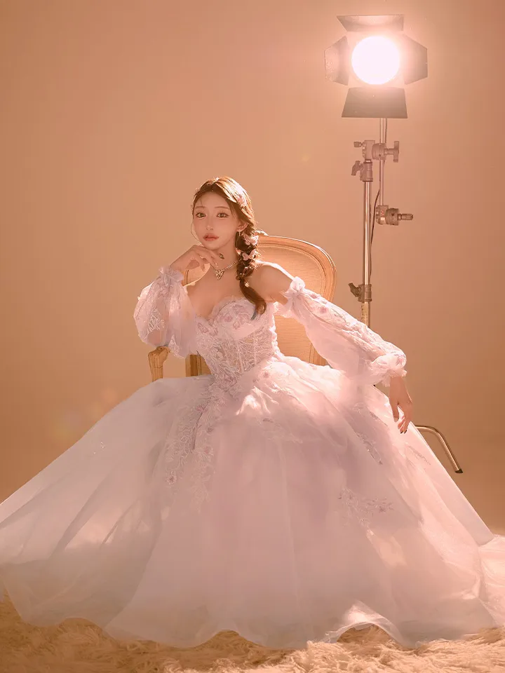 【JEAN MACLEAN/ジャンマクレーン】 2way/ 長袖/ パフスリーブ/ ベア/ シアー/ レース/ フラワー刺繍/ フレア/ プリンセス/ ロングドレス/ キャバドレス long2