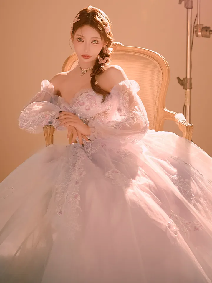 【JEAN MACLEAN/ジャンマクレーン】 2way/ 長袖/ パフスリーブ/ ベア/ シアー/ レース/ フラワー刺繍/ フレア/ プリンセス/ ロングドレス/ キャバドレス long3