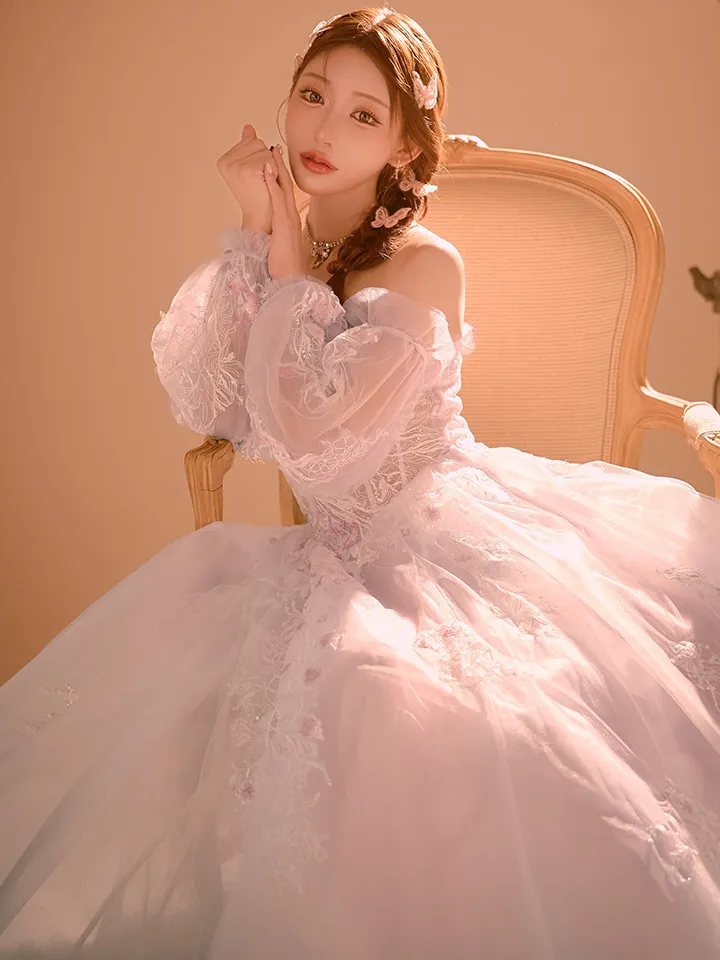 【JEAN MACLEAN/ジャンマクレーン】 2way/ 長袖/ パフスリーブ/ ベア/ シアー/ レース/ フラワー刺繍/ フレア/ プリンセス/ ロングドレス/ キャバドレス long5