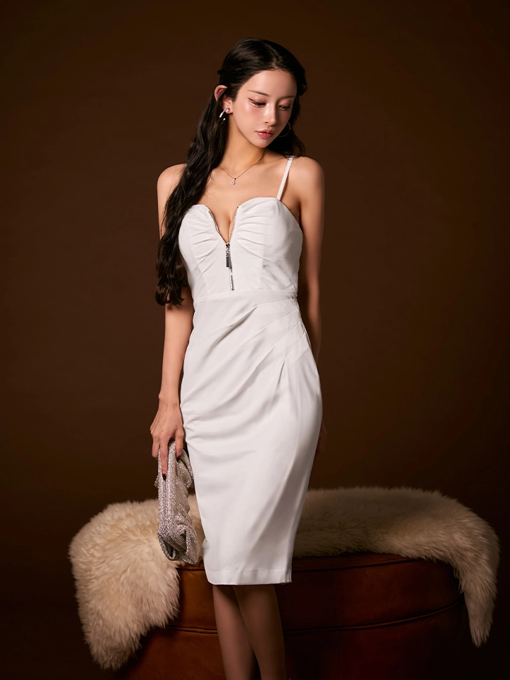 【JEAN MACLEAN/ジャンマクレーン】シンプル/ サテン/ キャミ/ フロントジップ/ タック/ タイト/ ひざ丈/ ミディアムドレス/ キャバドレス2