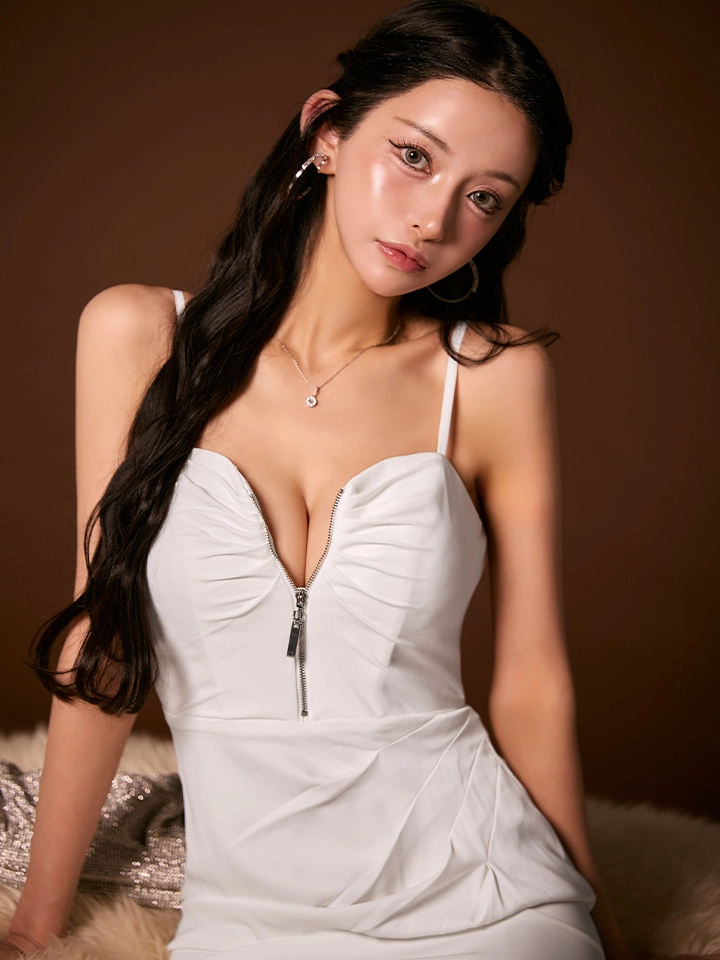 【JEAN MACLEAN/ジャンマクレーン】シンプル/ サテン/ キャミ/ フロントジップ/ タック/ タイト/ ひざ丈/ ミディアムドレス/ キャバドレス5