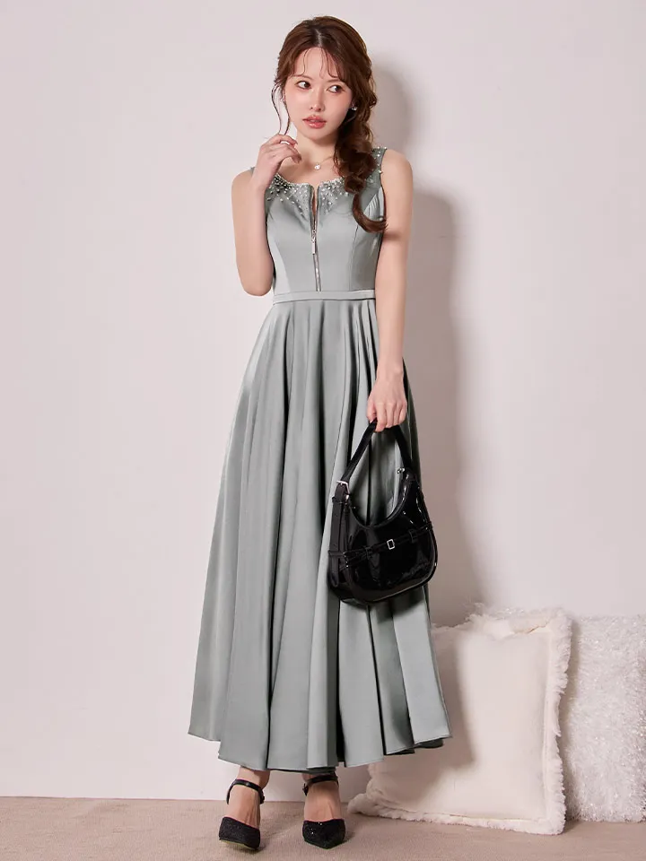 【JEAN MACLEAN/ジャンマクレーン】サテン/ ネックビジュー/ バストジップ/ ノースリーブ/ フレア/ ロングドレス/ キャバドレスlong2