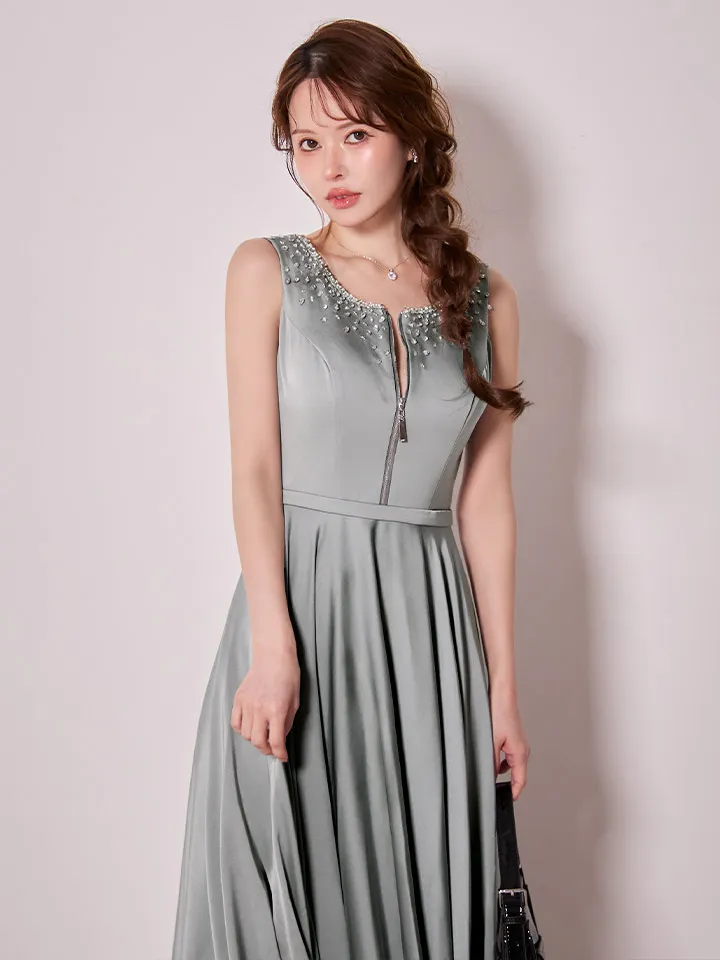 【JEAN MACLEAN/ジャンマクレーン】サテン/ ネックビジュー/ バストジップ/ ノースリーブ/ フレア/ ロングドレス/ キャバドレスlong4