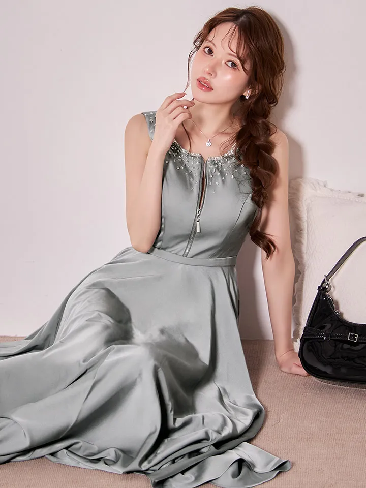 【JEAN MACLEAN/ジャンマクレーン】サテン/ ネックビジュー/ バストジップ/ ノースリーブ/ フレア/ ロングドレス/ キャバドレスlong5