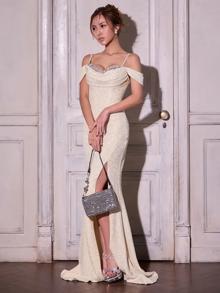 【IRMA/イルマ】スパンコール/ ラメニット/ オフショル/ キャミソール/ タイト/ スリット/ ロングドレス/ キャバドレス long4