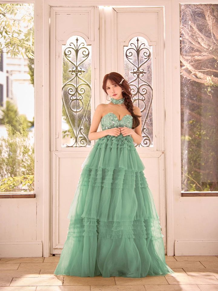 【JEAN MACLEAN/ジャンマクレーン】チョーカー付き/ 立体フラワー/ 刺繍/ シアー/ ベア/ ティアードフリル/ Aライン/ フレア/ プリンセス/ ロングドレス/ キャバドレス long1