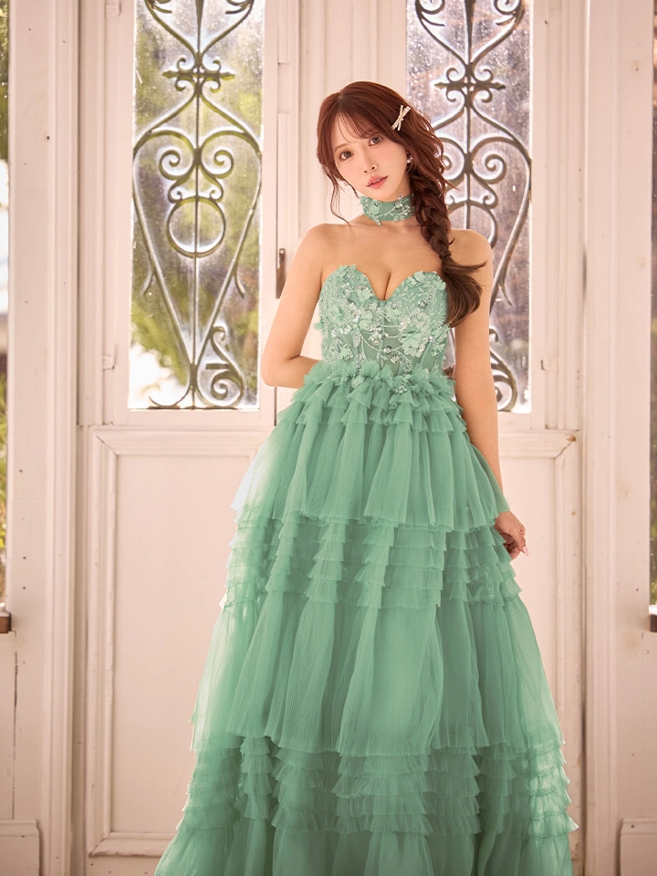 【JEAN MACLEAN/ジャンマクレーン】チョーカー付き/ 立体フラワー/ 刺繍/ シアー/ ベア/ ティアードフリル/ Aライン/ フレア/ プリンセス/ ロングドレス/ キャバドレス long2